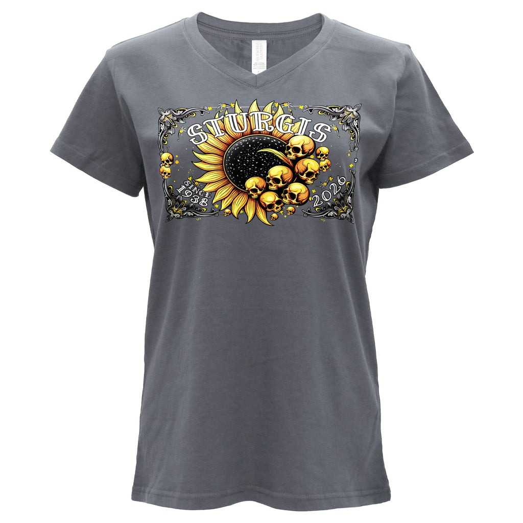 2026 Sturgis Motorcycle Rally Cosmic Flowers Ladies Grey SS V Neck T-Shirt SPL1938