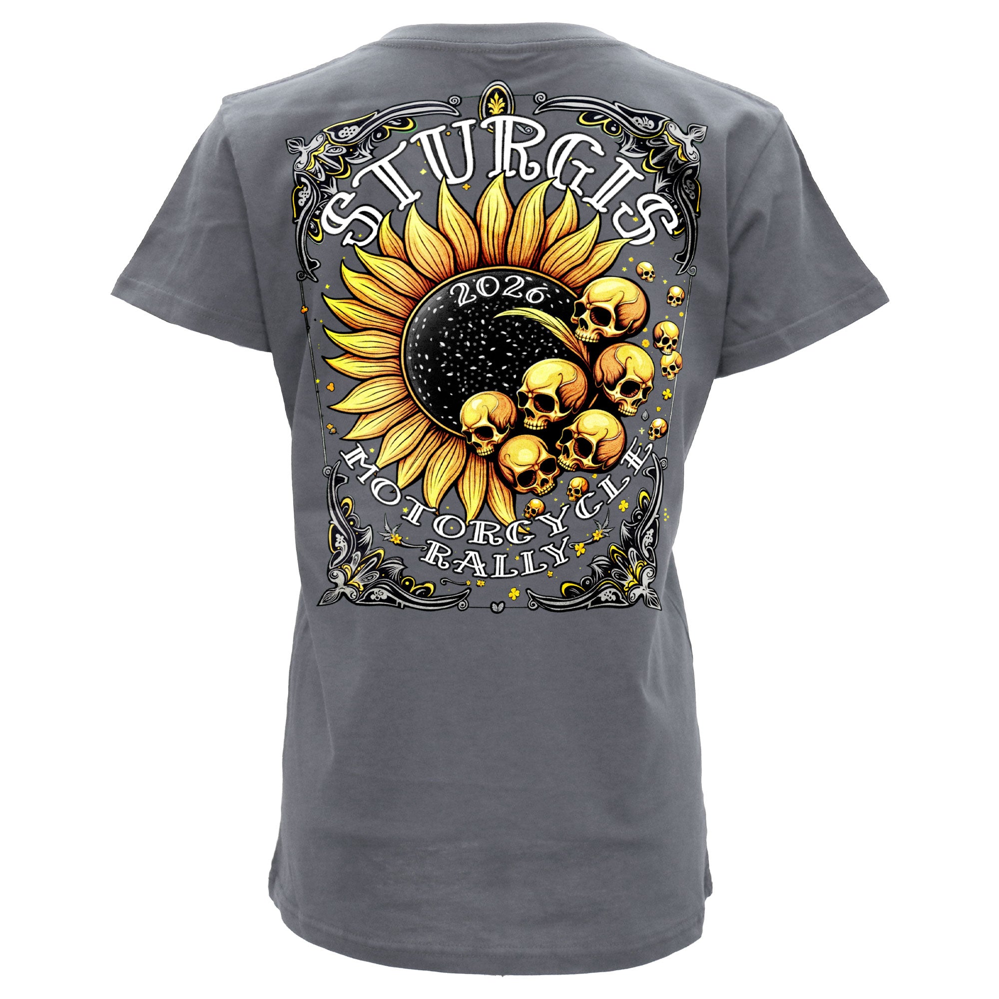 2026 Sturgis Motorcycle Rally Cosmic Flowers Ladies Grey SS V Neck T-Shirt SPL1938