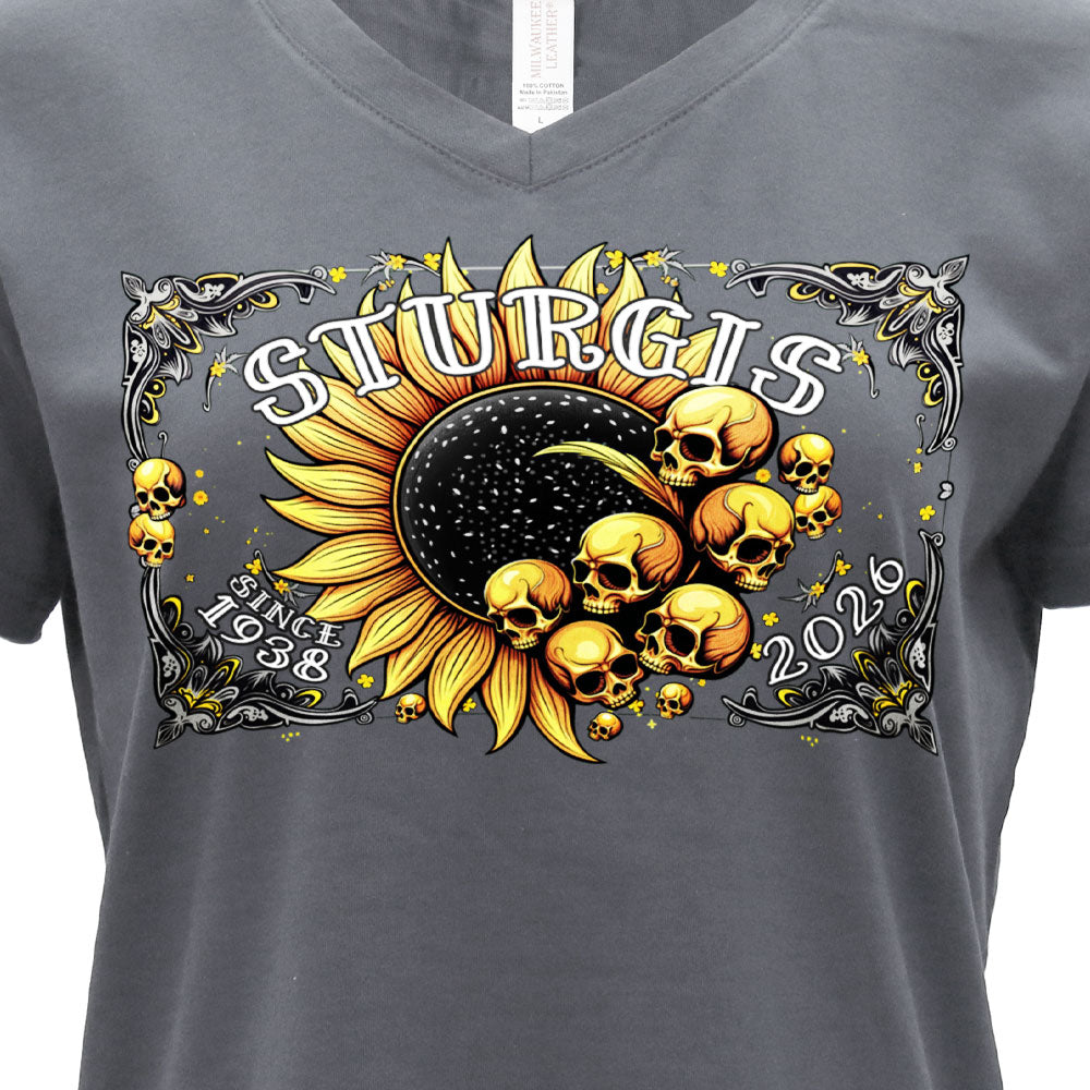 2026 Sturgis Motorcycle Rally Cosmic Flowers Ladies Grey SS V Neck T-Shirt SPL1938