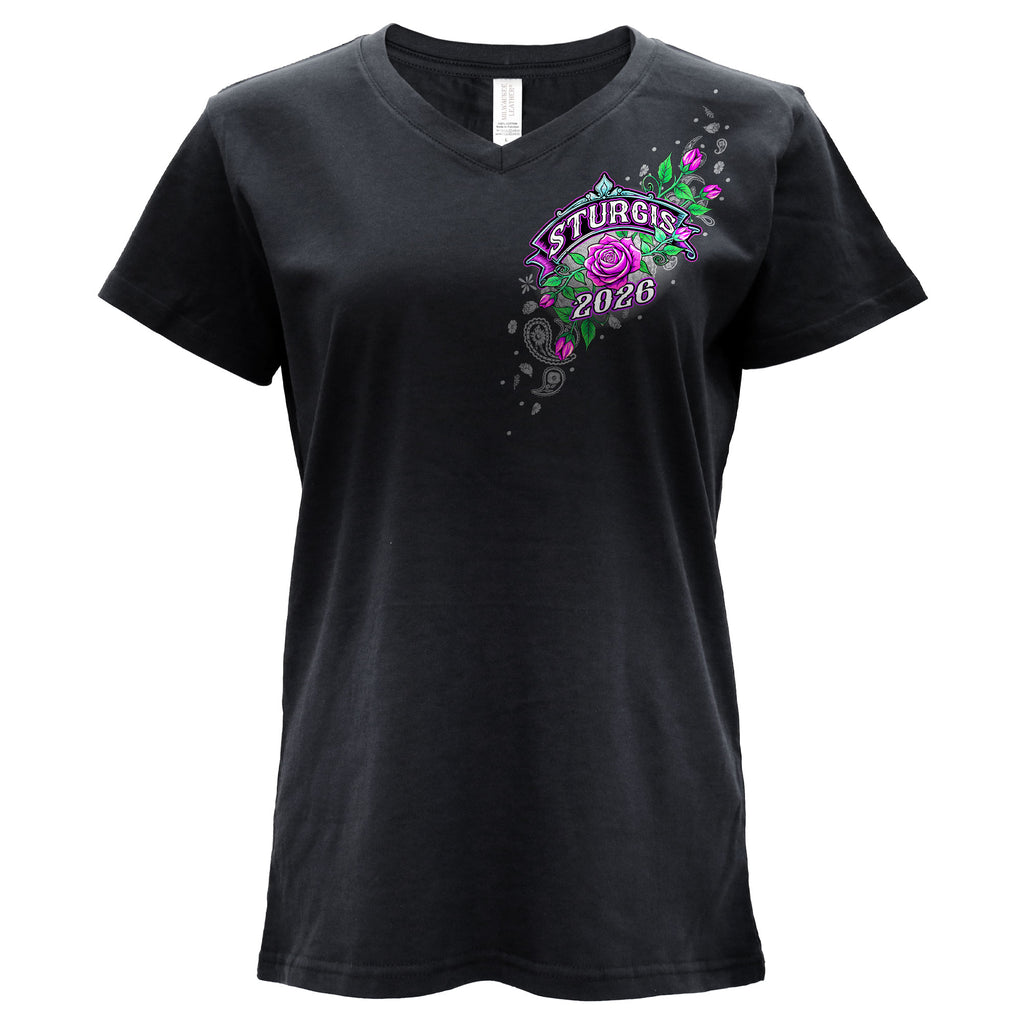 2026 Sturgis Motorcycle Rally Cross de Lis Ladies Black SS V Neck T-Shirt SPL1939