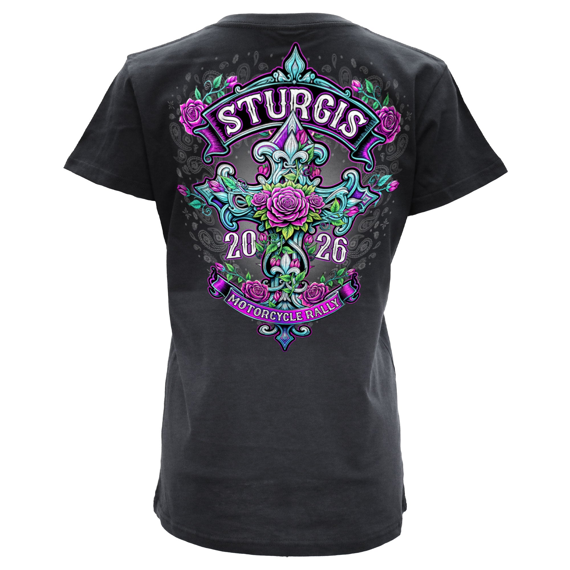 2026 Sturgis Motorcycle Rally Cross de Lis Ladies Black SS V Neck T-Shirt SPL1939