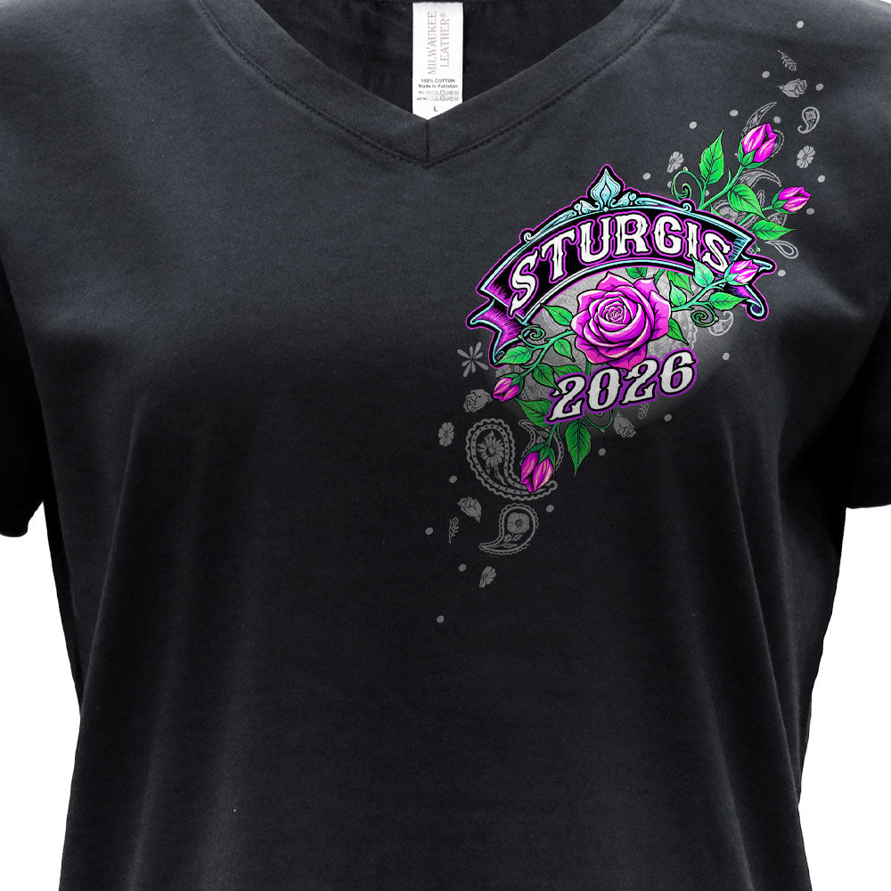 2026 Sturgis Motorcycle Rally Cross de Lis Ladies Black SS V Neck T-Shirt SPL1939