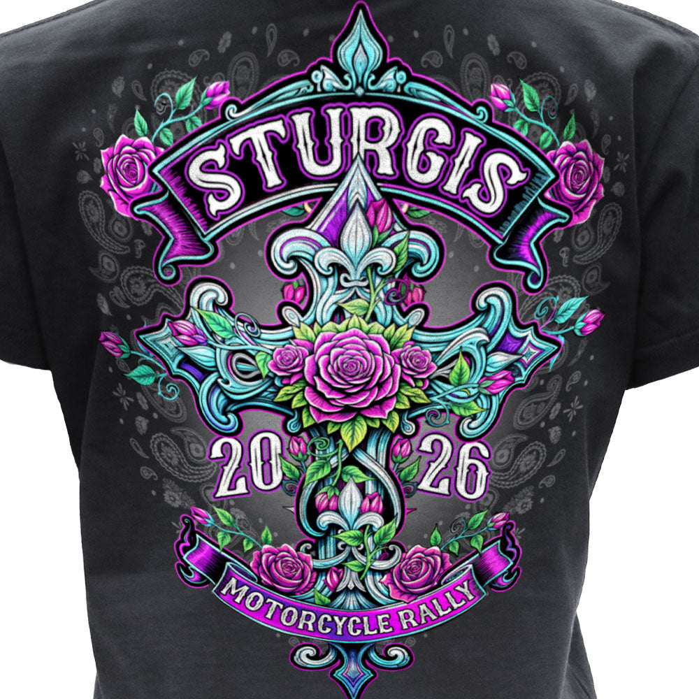 2026 Sturgis Motorcycle Rally Cross de Lis Ladies Black SS V Neck T-Shirt SPL1939