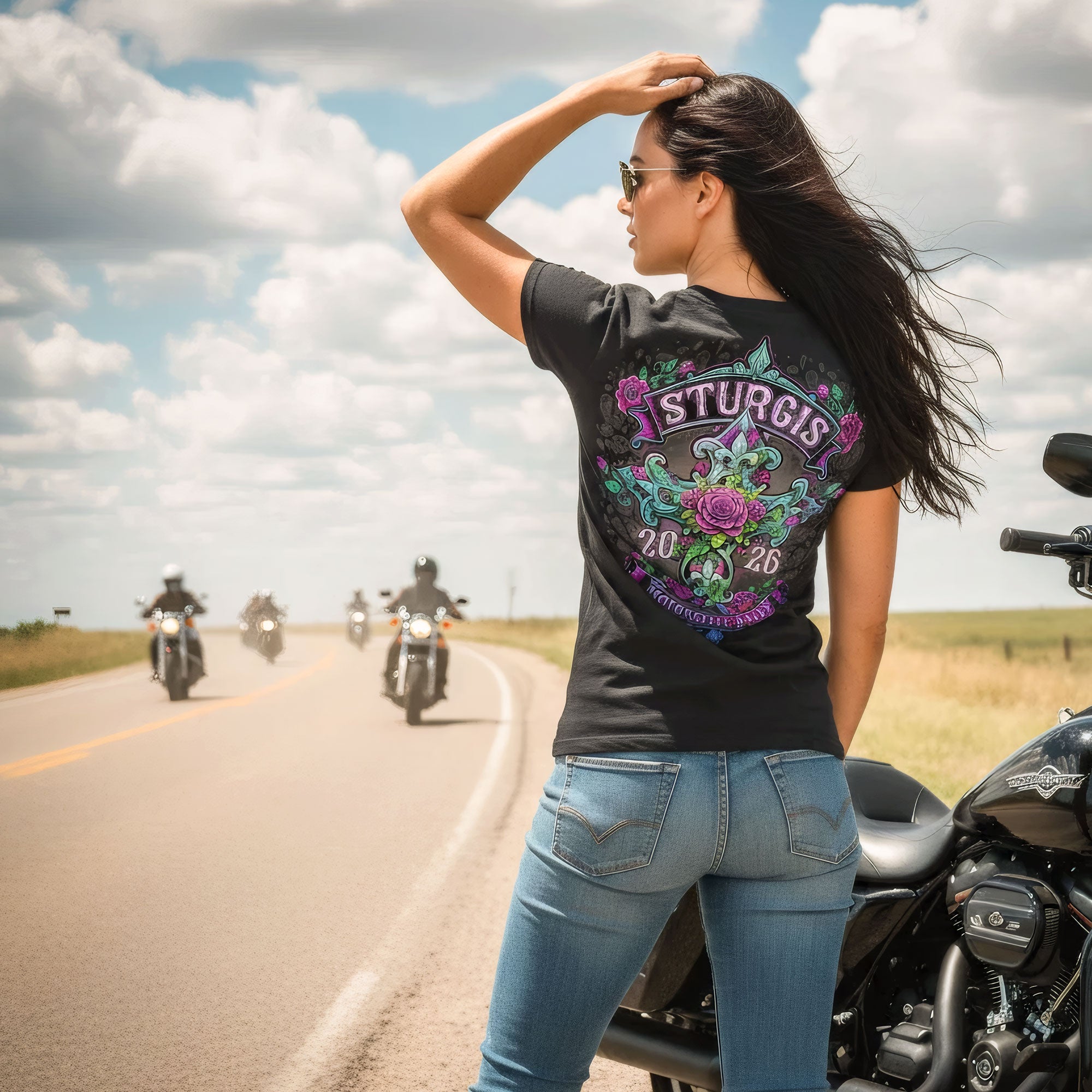 2026 Sturgis Motorcycle Rally Cross de Lis Ladies Black SS V Neck T-Shirt SPL1939