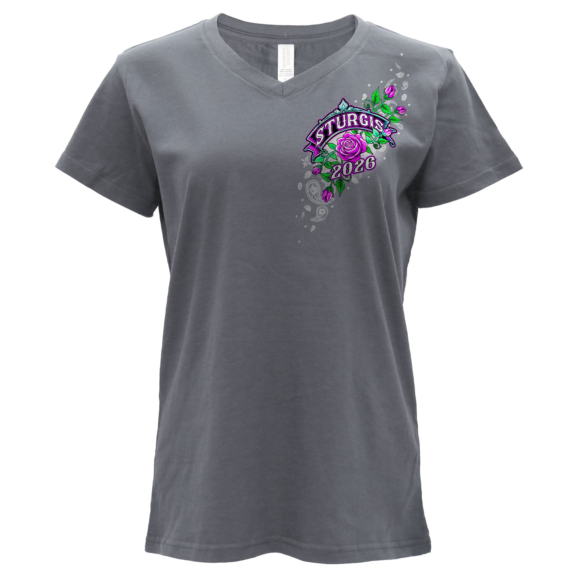 2026 Sturgis Motorcycle Rally Cross de Lis Ladies Gray SS V Neck T-Shirt SPL1940