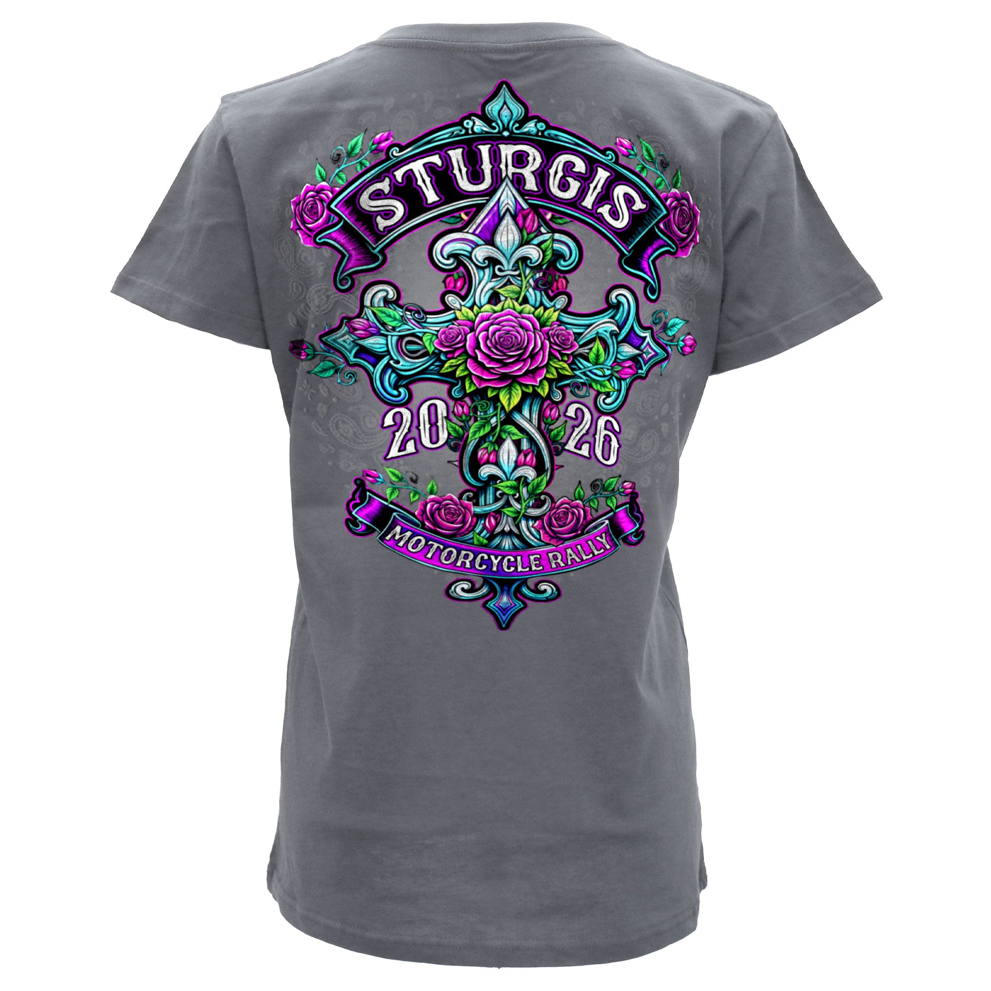 2026 Sturgis Motorcycle Rally Cross de Lis Ladies Gray SS V Neck T-Shirt SPL1940