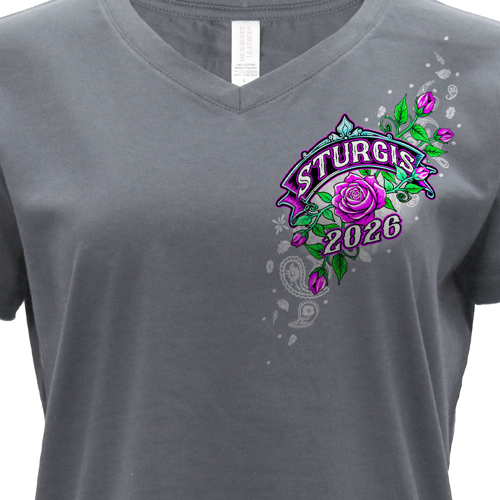 2026 Sturgis Motorcycle Rally Cross de Lis Ladies Gray SS V Neck T-Shirt SPL1940