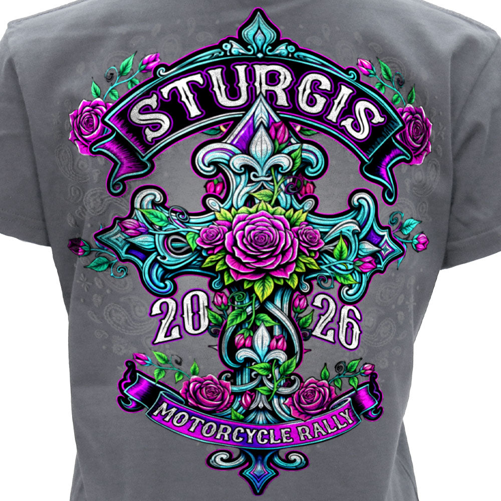 2026 Sturgis Motorcycle Rally Cross de Lis Ladies Gray SS V Neck T-Shirt SPL1940