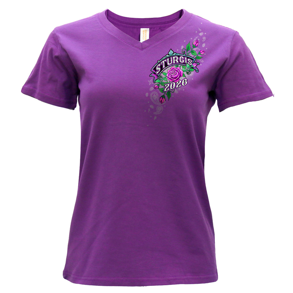 2026 Sturgis Motorcycle Rally Cross de Lis Ladies Purple V Neck T-Shirt SPL1941