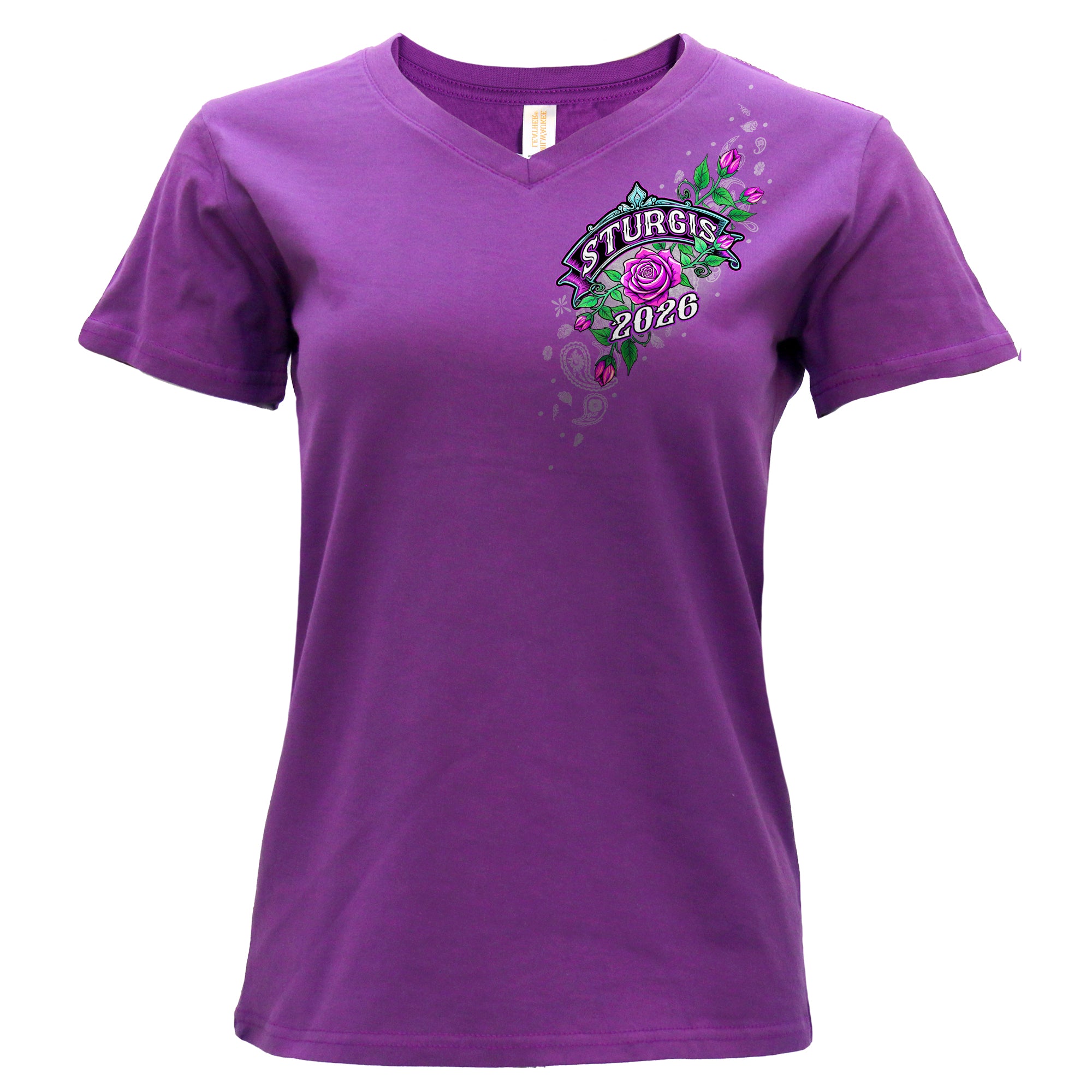 2026 Sturgis Motorcycle Rally Cross de Lis Ladies Purple V Neck T-Shirt SPL1941
