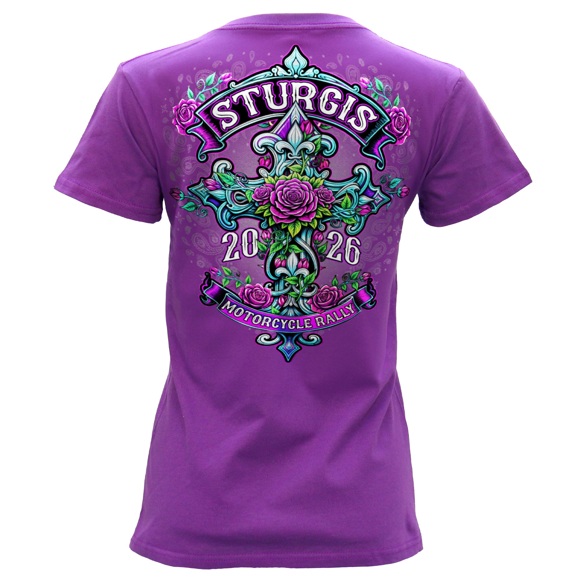 2026 Sturgis Motorcycle Rally Cross de Lis Ladies Purple V Neck T-Shirt SPL1941