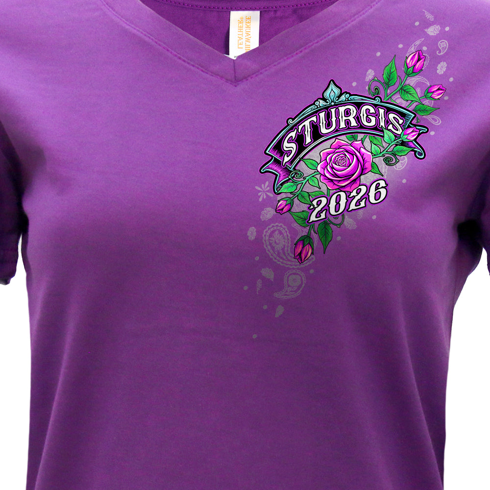 2026 Sturgis Motorcycle Rally Cross de Lis Ladies Purple V Neck T-Shirt SPL1941
