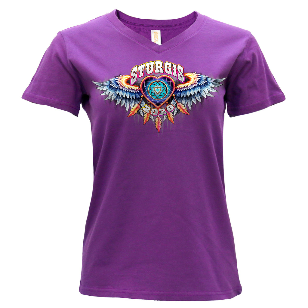 2026 Sturgis Motorcycle Rally Dream Catcher Ladies Purple SS V Neck T-Shirt SPL1942