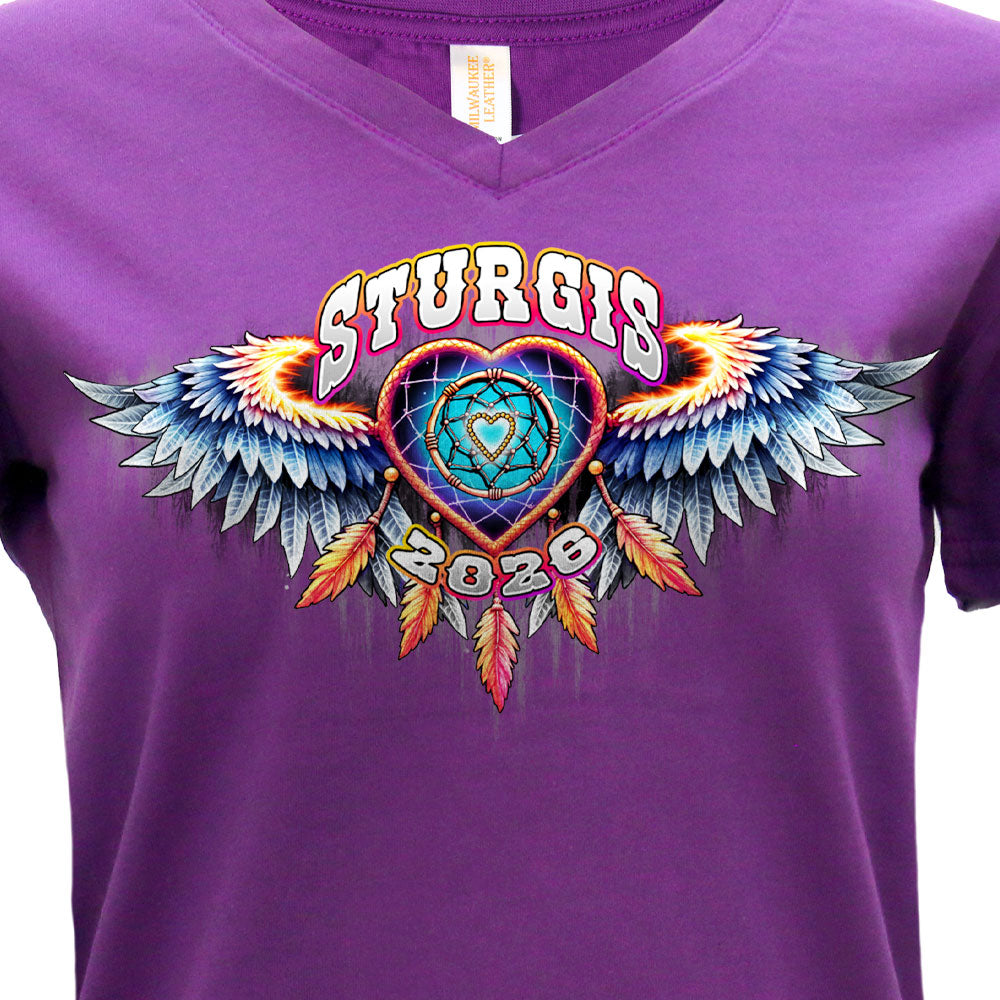 2026 Sturgis Motorcycle Rally Dream Catcher Ladies Purple SS V Neck T-Shirt SPL1942