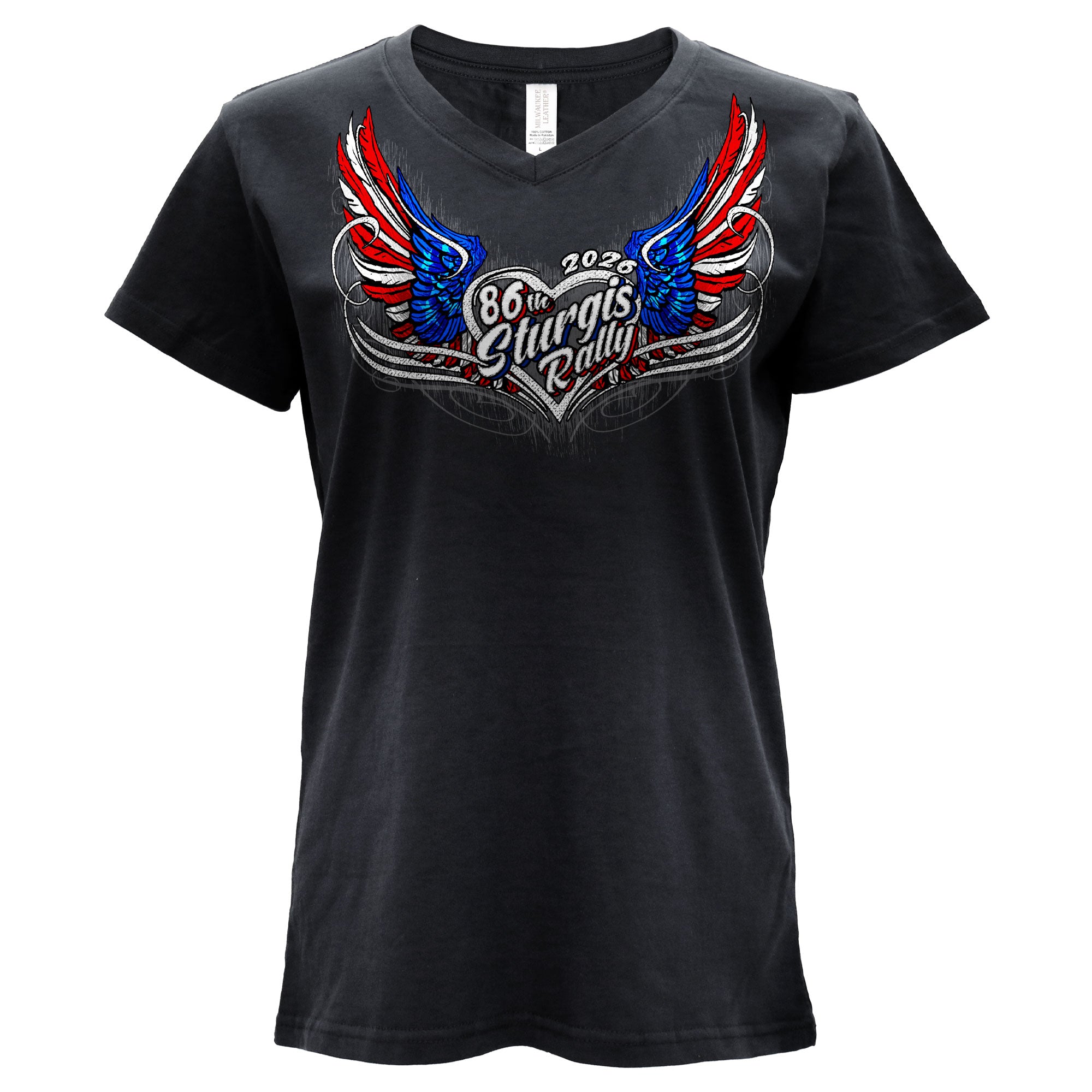 2026 Sturgis Motorcycle Rally Flag Heart Wings Ladies Black SS V Neck T-Shirt SPL1943