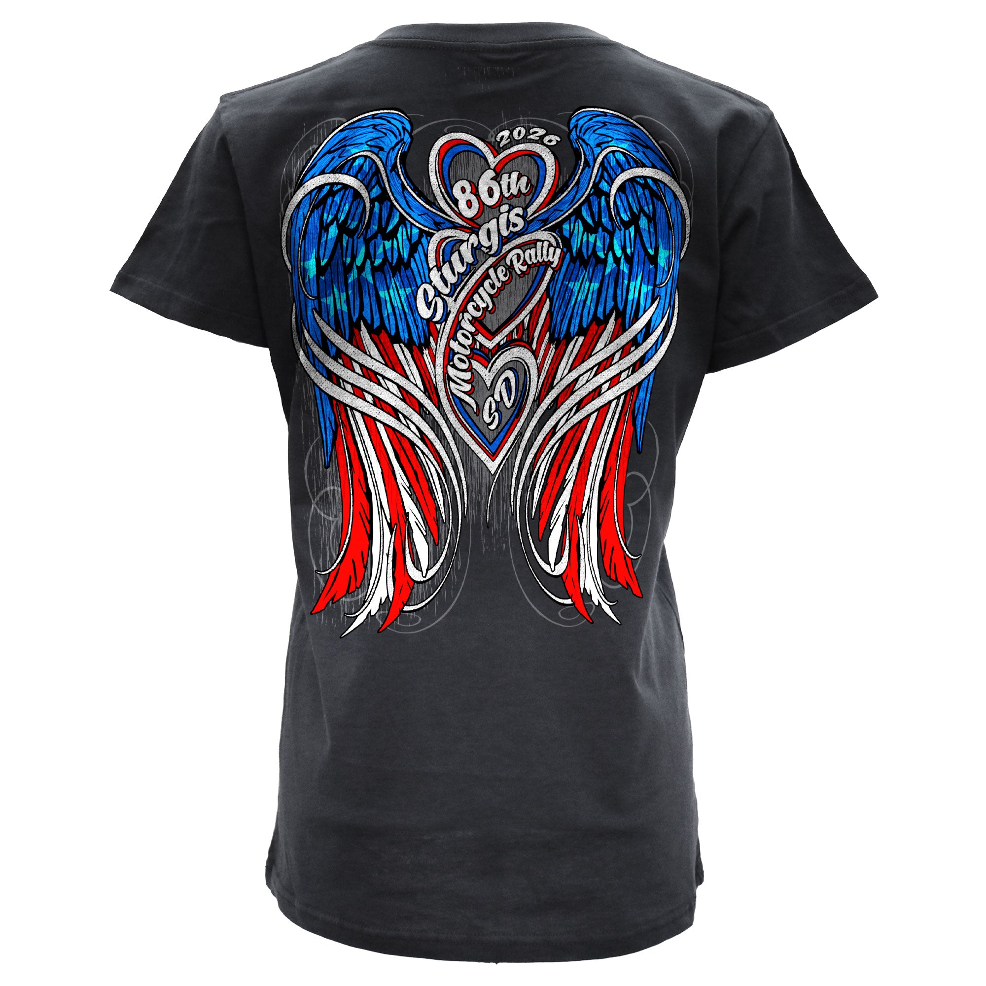 2026 Sturgis Motorcycle Rally Flag Heart Wings Ladies Black SS V Neck T-Shirt SPL1943