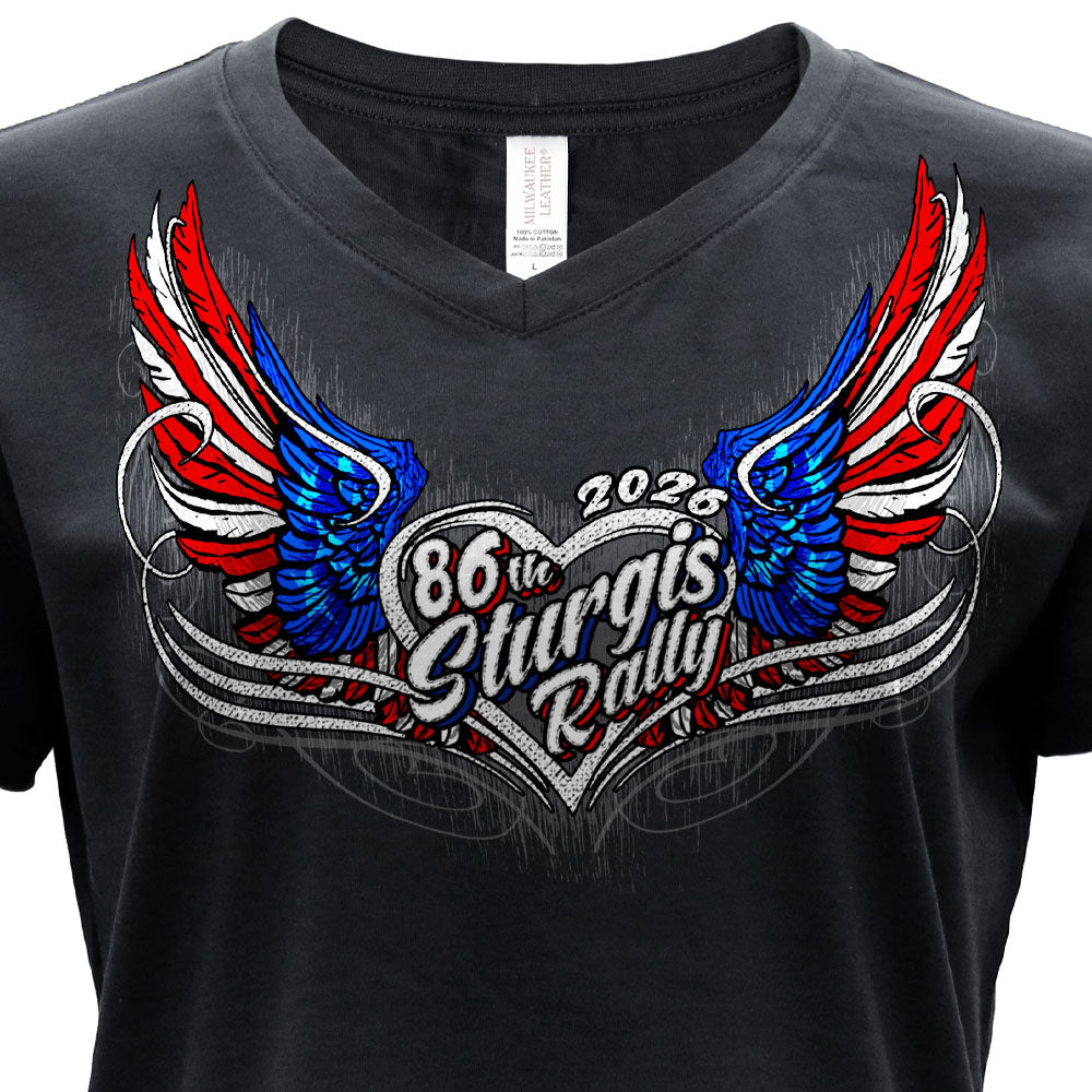 2026 Sturgis Motorcycle Rally Flag Heart Wings Ladies Black SS V Neck T-Shirt SPL1943