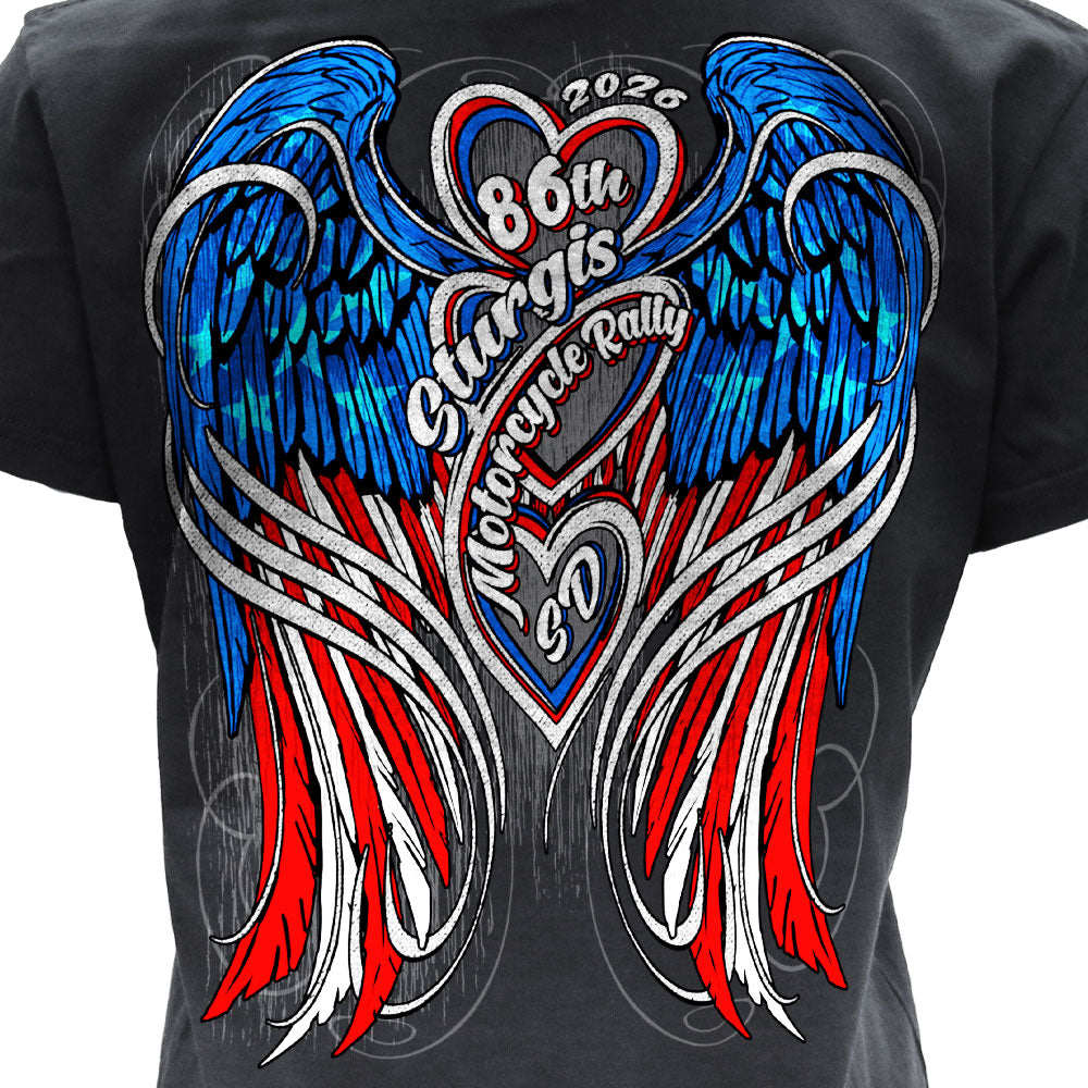 2026 Sturgis Motorcycle Rally Flag Heart Wings Ladies Black SS V Neck T-Shirt SPL1943