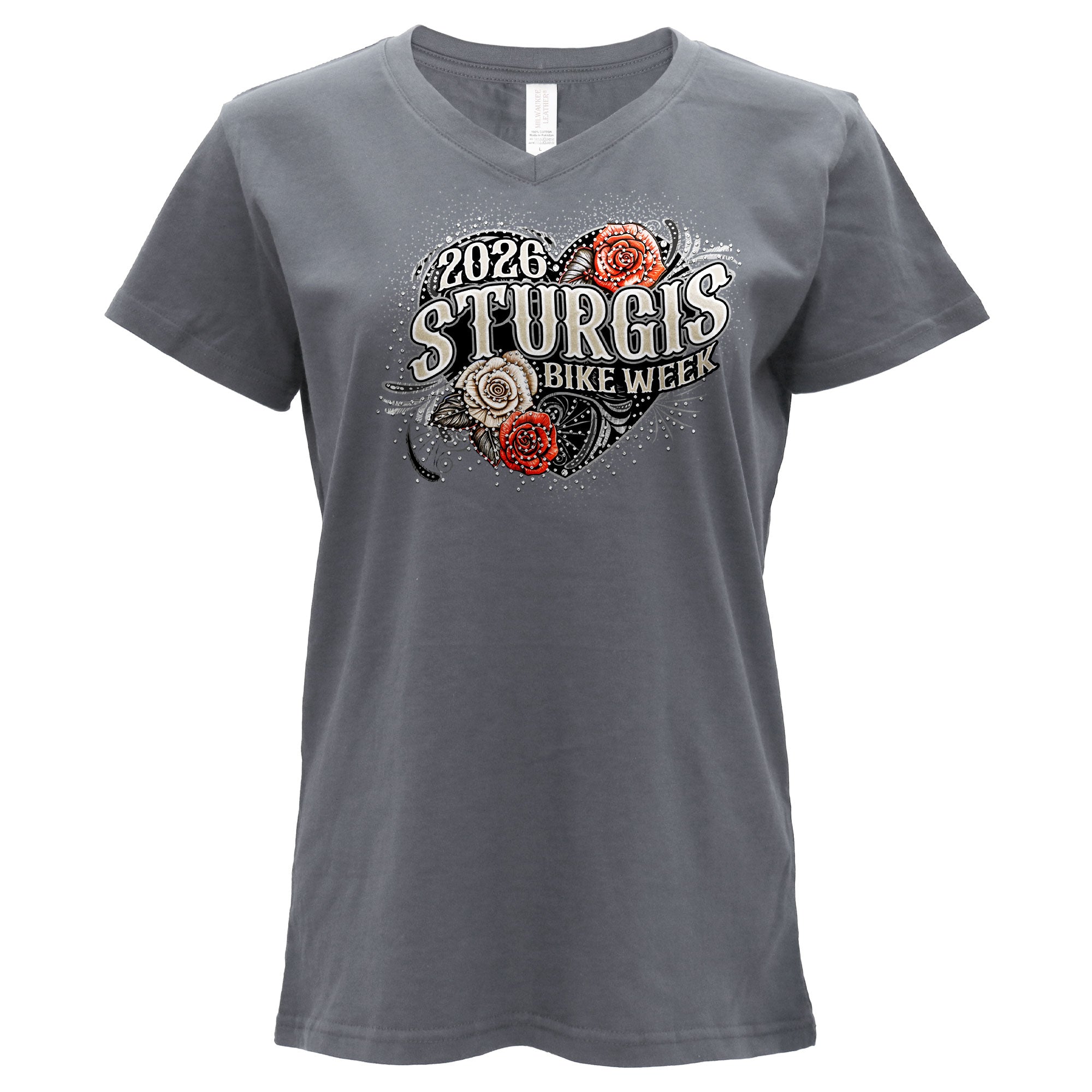 2026 Sturgis Motorcycle Rally Leather Wings Ladies Gray SS V neck T-Shirt SPL1946