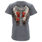 2026 Sturgis Motorcycle Rally Leather Wings Ladies Gray SS V neck T-Shirt SPL1946