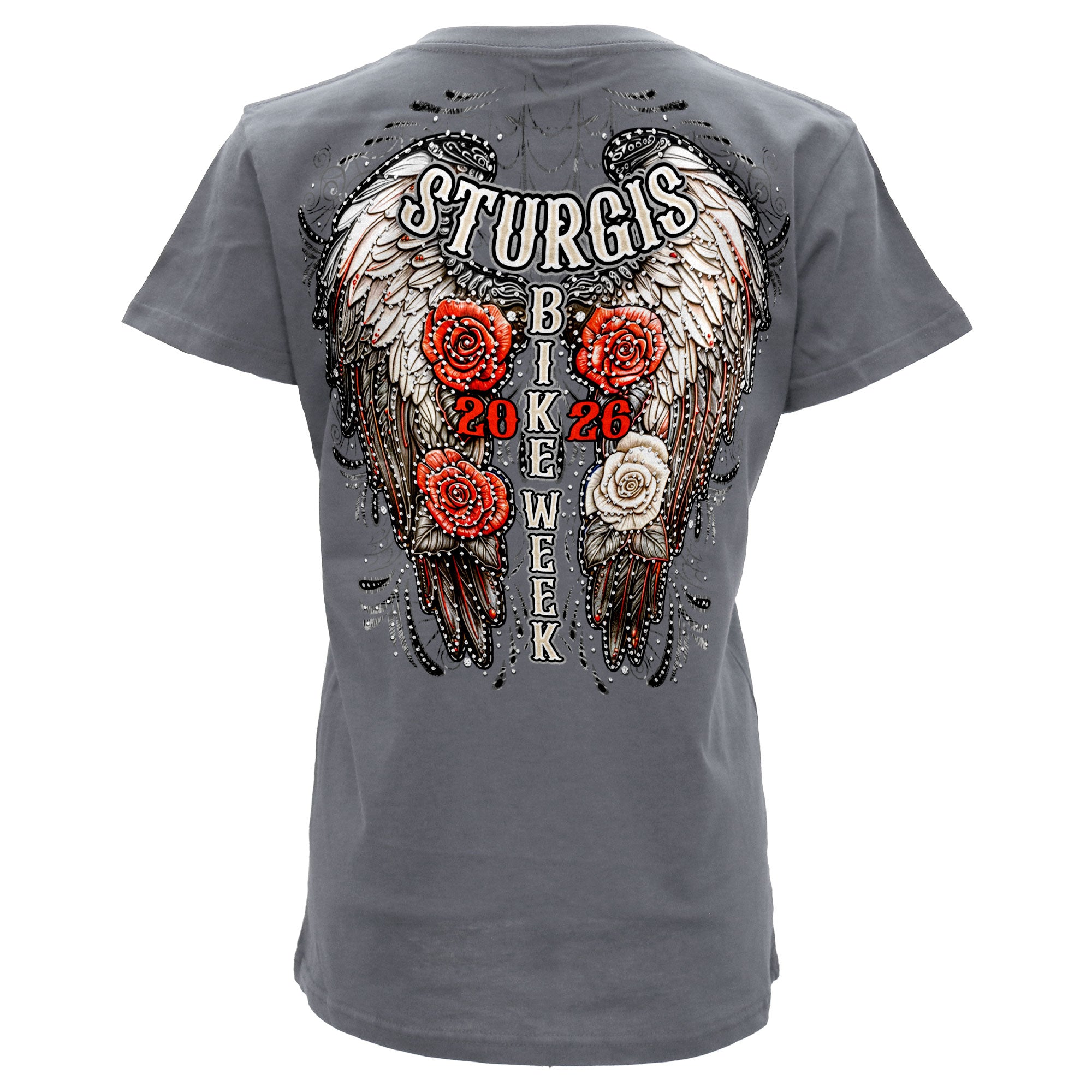 2026 Sturgis Motorcycle Rally Leather Wings Ladies Gray SS V neck T-Shirt SPL1946