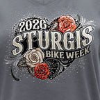2026 Sturgis Motorcycle Rally Leather Wings Ladies Gray SS V neck T-Shirt SPL1946