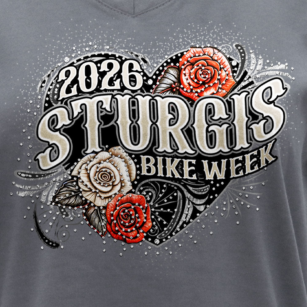 2026 Sturgis Motorcycle Rally Leather Wings Ladies Gray SS V neck T-Shirt SPL1946