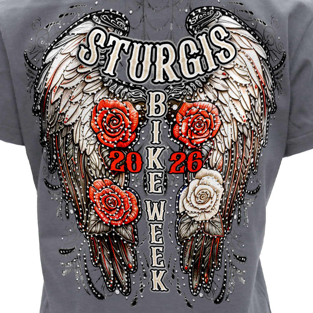 2026 Sturgis Motorcycle Rally Leather Wings Ladies Gray SS V neck T-Shirt SPL1946