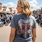 2026 Sturgis Motorcycle Rally Leather Wings Ladies Gray SS V neck T-Shirt SPL1946
