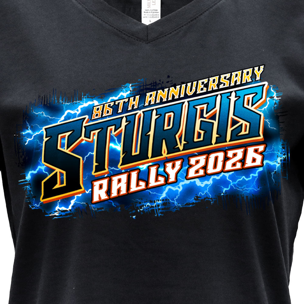 2026 Sturgis Motorcycle Rally Rushmore Ladies Black SS V neck T-Shirt SPL1947