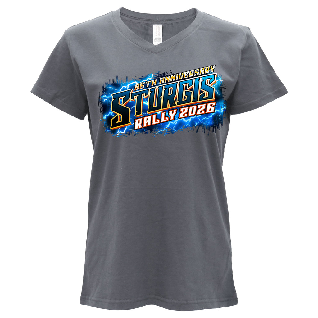 2026 Sturgis Motorcycle Rally Rushmore Ladies Gray SS V neck T-Shirt SPL1948