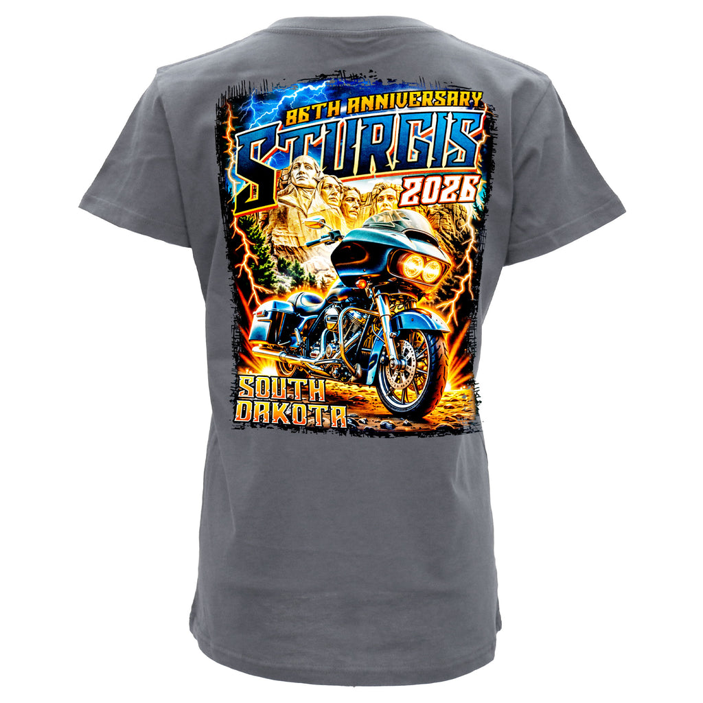 2026 Sturgis Motorcycle Rally Rushmore Ladies Gray SS V neck T-Shirt SPL1948
