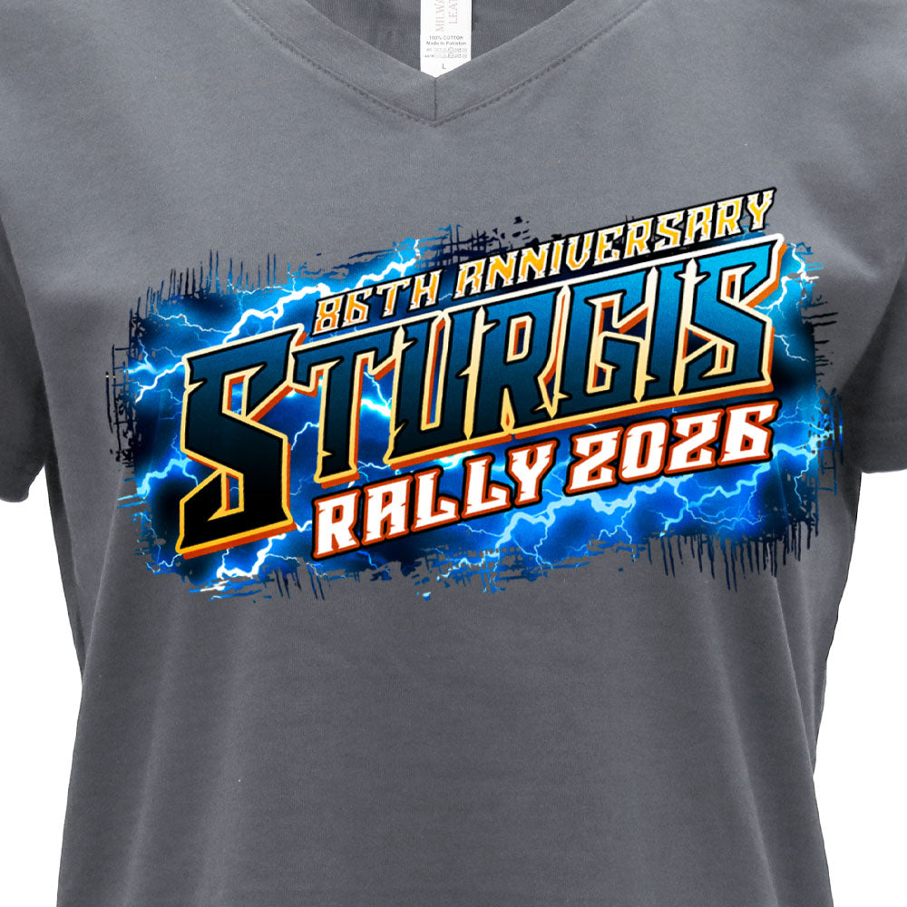 2026 Sturgis Motorcycle Rally Rushmore Ladies Gray SS V neck T-Shirt SPL1948