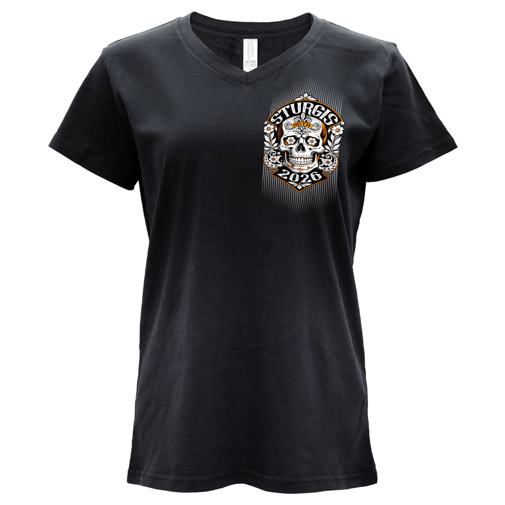 2026 Sturgis Motorcycle Rally Rushmore Ladies Black SS V neck T-Shirt SPL1949