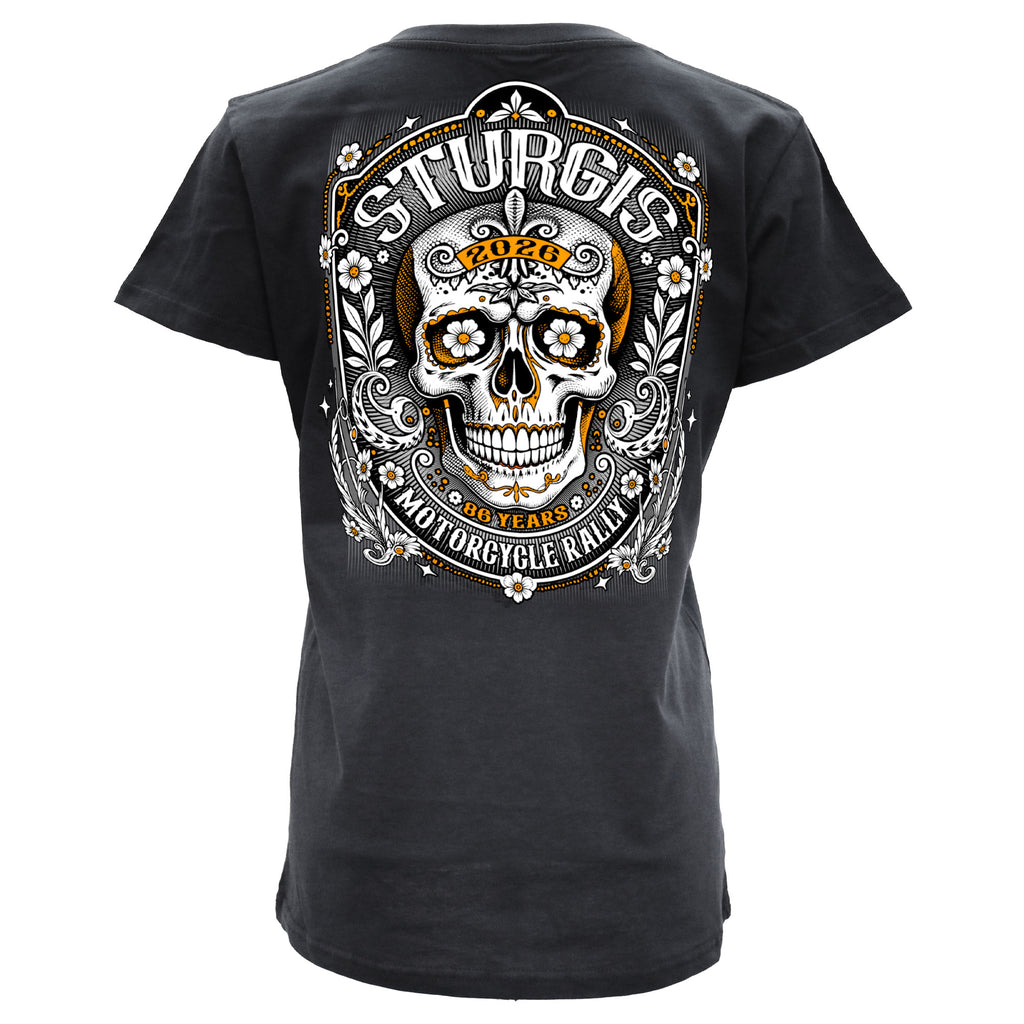 2026 Sturgis Motorcycle Rally Rushmore Ladies Black SS V neck T-Shirt SPL1949