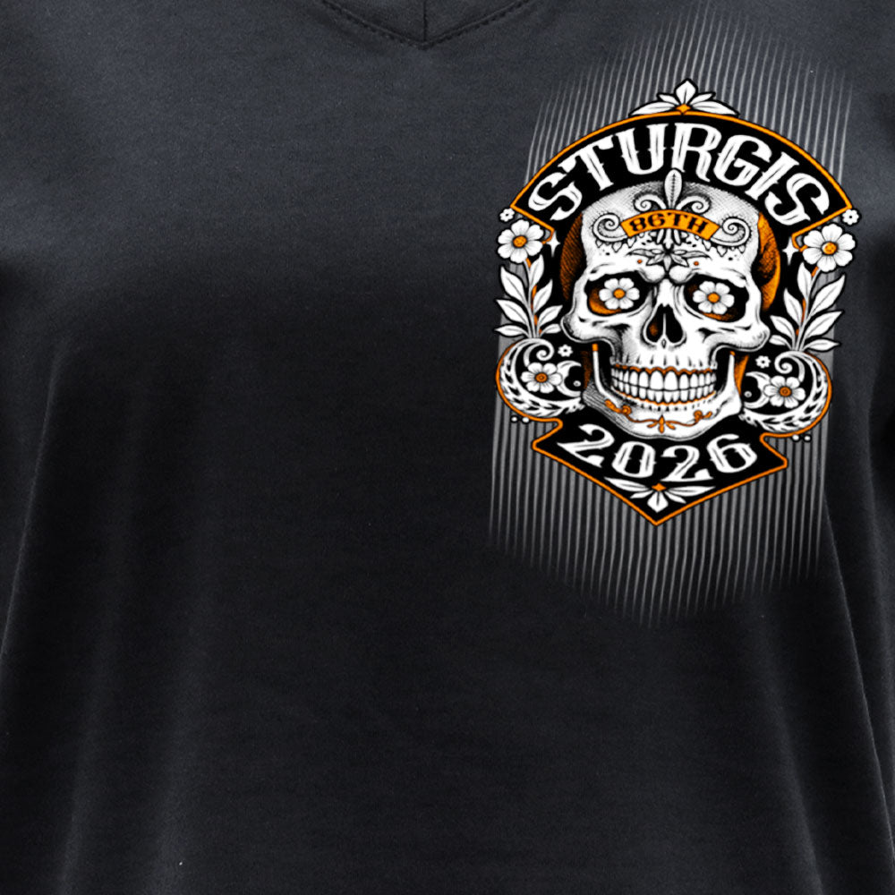 2026 Sturgis Motorcycle Rally Rushmore Ladies Black SS V neck T-Shirt SPL1949