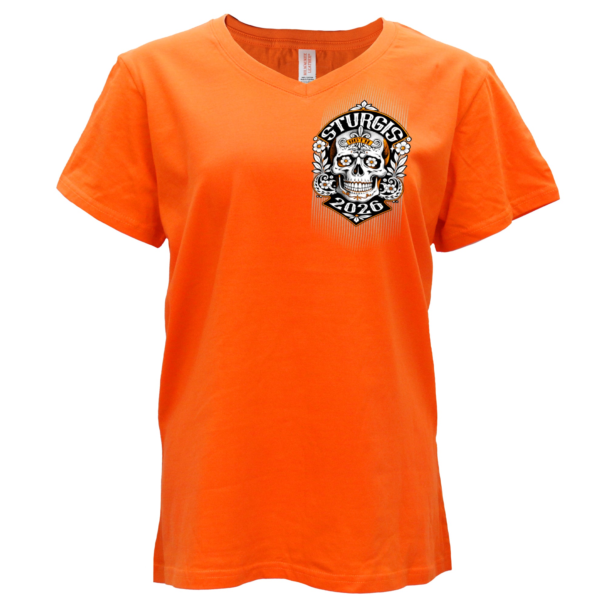 2026 Sturgis Motorcycle Rally Sugar Skull Ladies Orange SS V neck