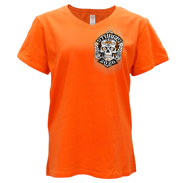 2026 Sturgis Motorcycle Rally Sugar Skull Ladies Orange SS V neck