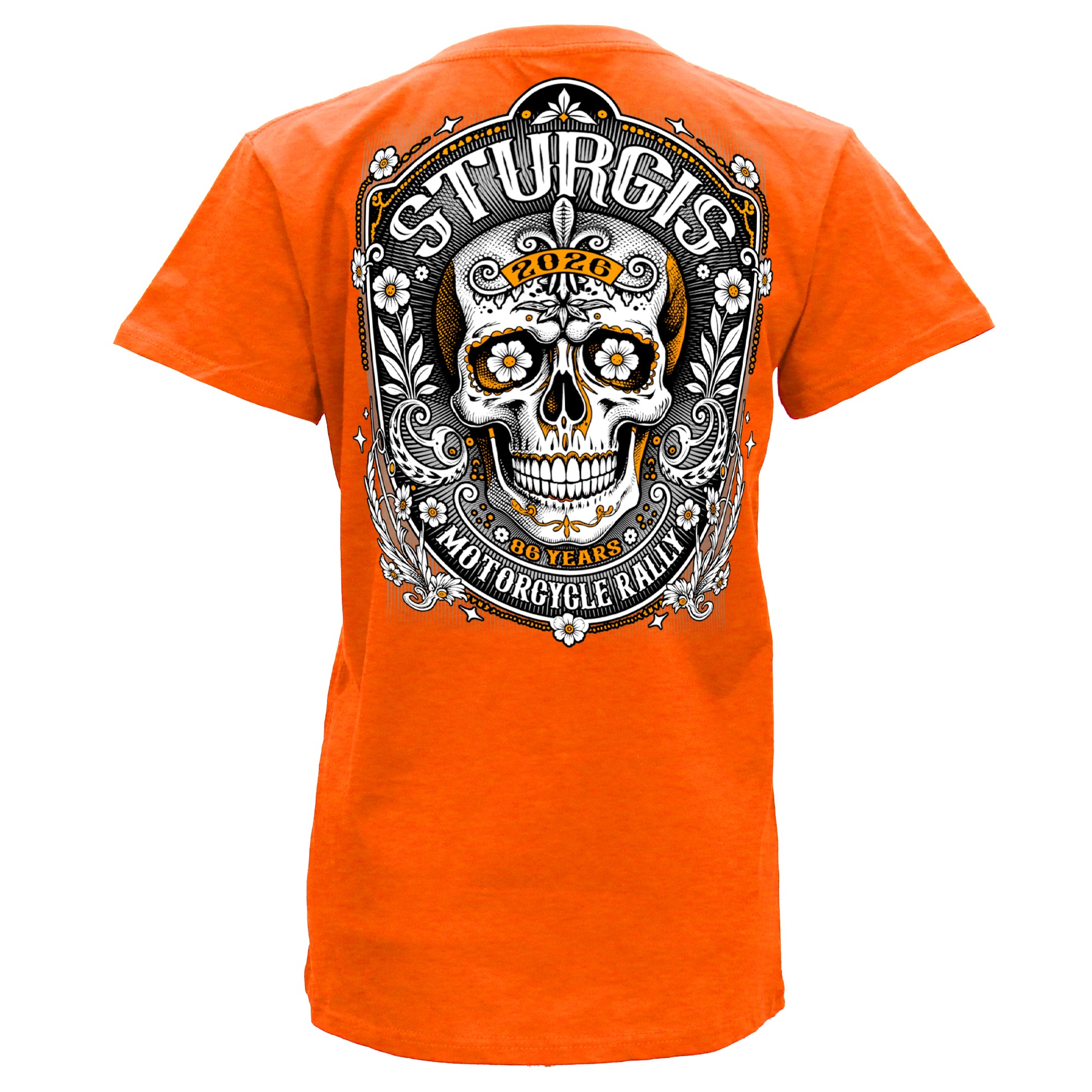 2026 Sturgis Motorcycle Rally Sugar Skull Ladies Orange SS V neck T-Shirt SPL1950