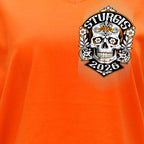 2026 Sturgis Motorcycle Rally Sugar Skull Ladies Orange SS V neck T-Shirt SPL1950