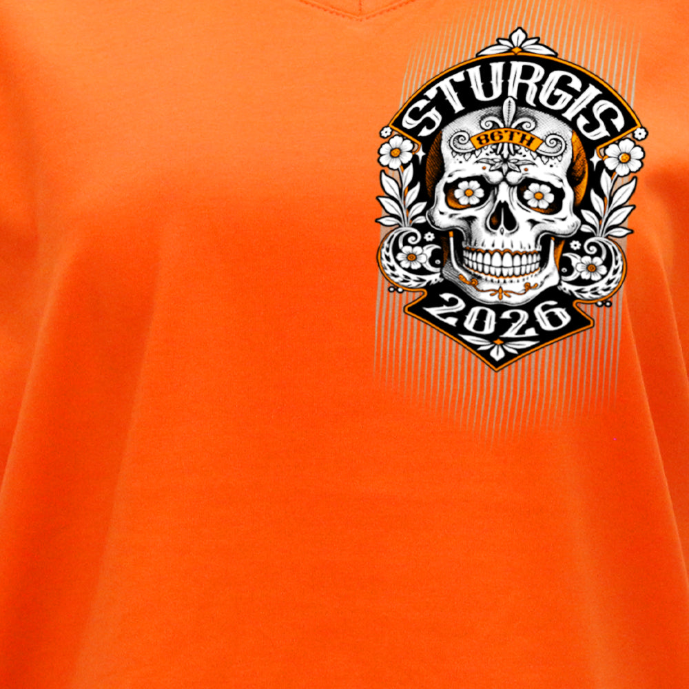 2026 Sturgis Motorcycle Rally Sugar Skull Ladies Orange SS V neck T-Shirt SPL1950