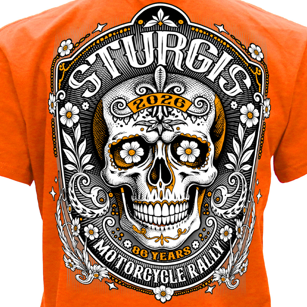 2026 Sturgis Motorcycle Rally Sugar Skull Ladies Orange SS V neck T-Shirt SPL1950