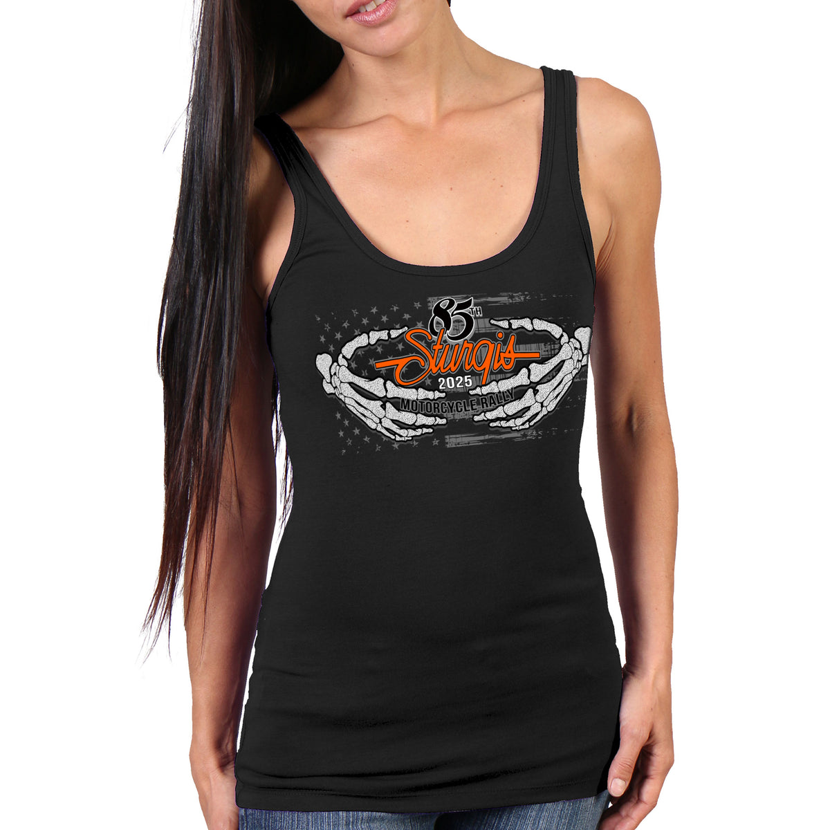 2025 Sturgis Motorcycle Rally Skeleton Hands Ash Ladies Tank Top