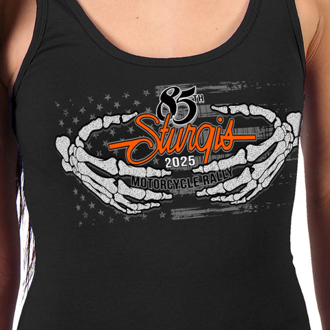 2025 Sturgis Motorcycle Rally Skeleton Hands Ash Ladies Tank Top