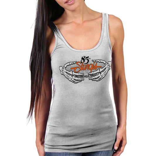 2025 Sturgis Motorcycle Rally Skeleton Hands Black Ladies Tank Top