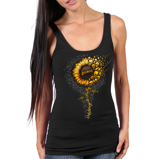 2025 Sturgis Motorcycle Rally Sunflower Skulls White Ladies Tank Top