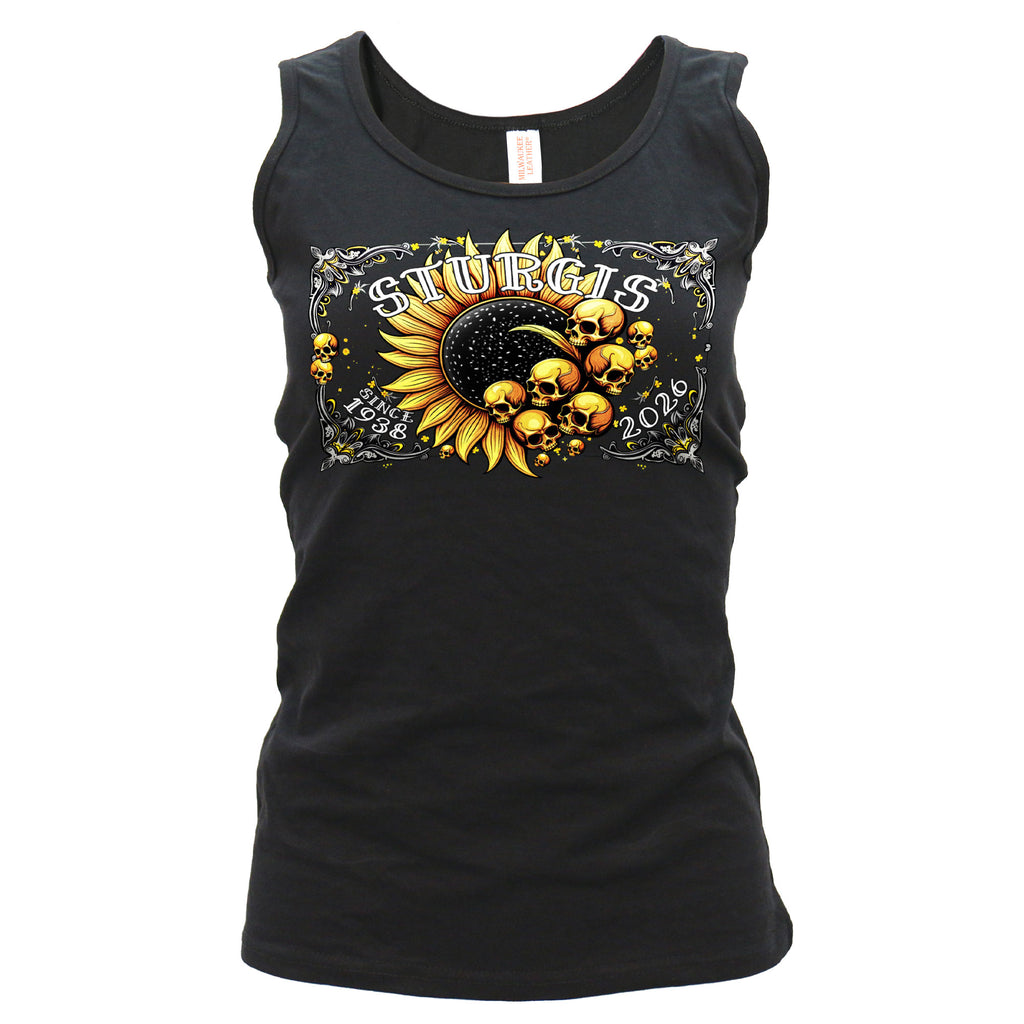 2026 Sturgis Motorcycle Rally Cosmic Sunflower Ladies Black Tank Top SPL2900