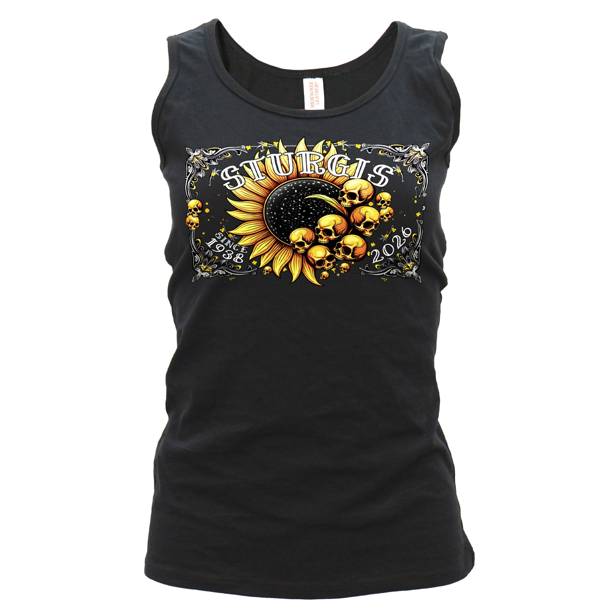 2026 Sturgis Motorcycle Rally Cosmic Sunflower Ladies Black Tank Top SPL2900