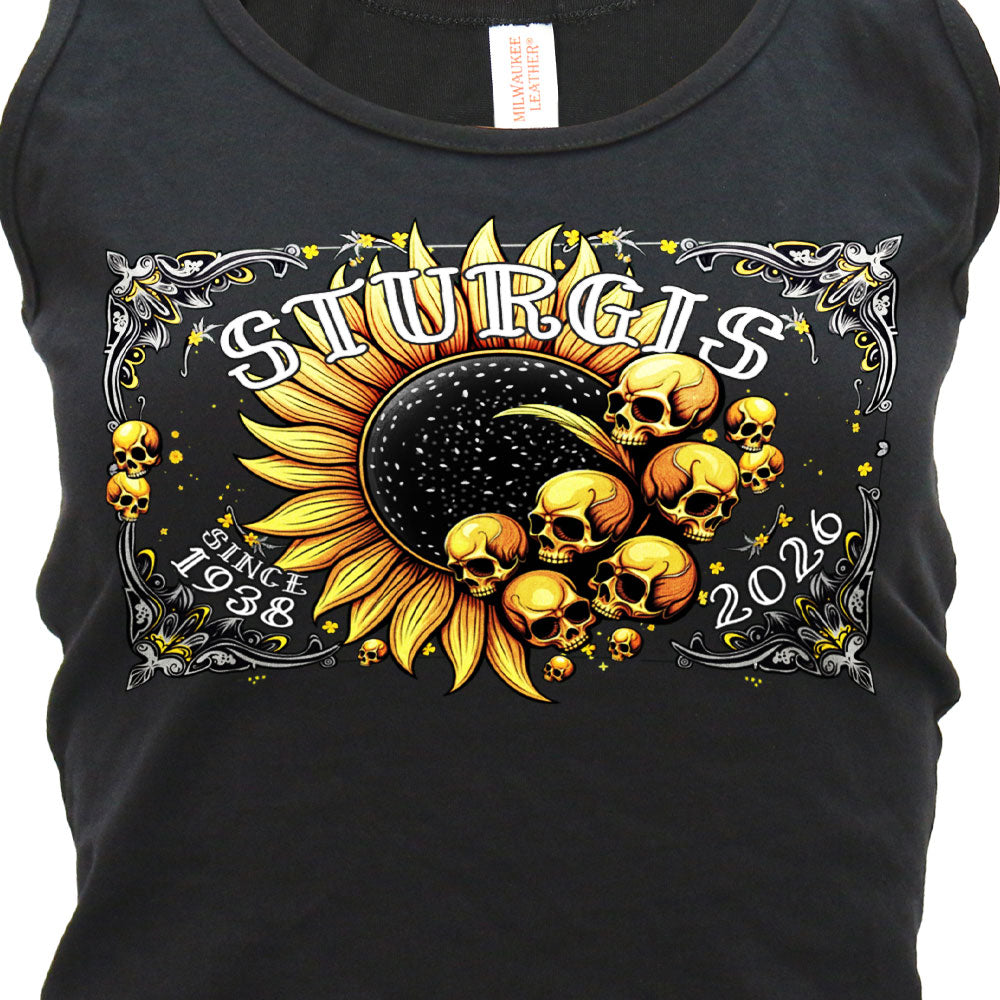 2026 Sturgis Motorcycle Rally Cosmic Sunflower Ladies Black Tank Top SPL2900