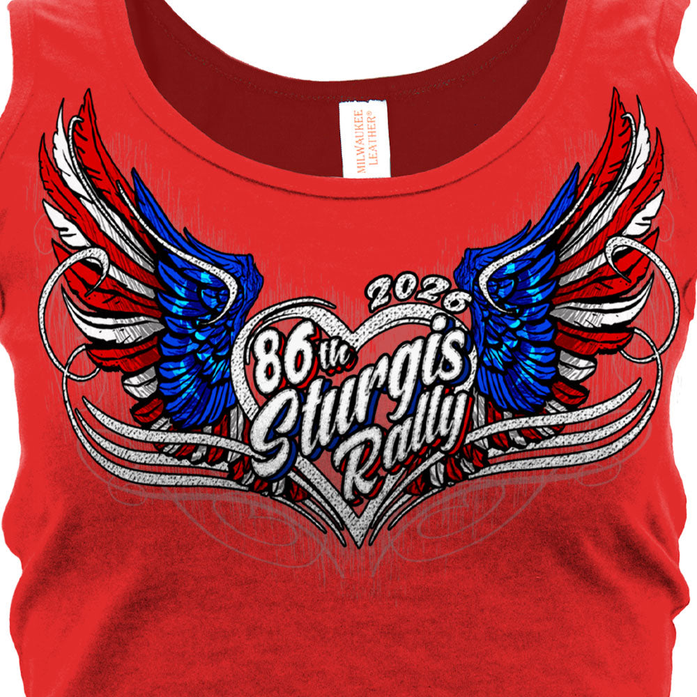 2026 Sturgis Motorcycle Rally Flag Heart Angel Ladies Red Racer Back Tank Top SPL2902